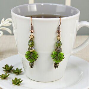 Green Maple Leaf Earrings | Czech Glass Dangle | Boho Copper Beaded Earrings